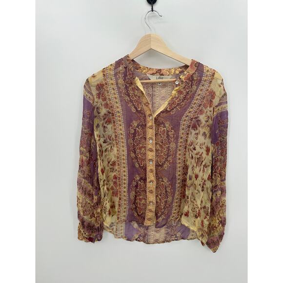 Label Ritu Kumar Blouse Women‎ Medium Button Front Sheer Viscose Boho Artsy - Picture 1 of 9